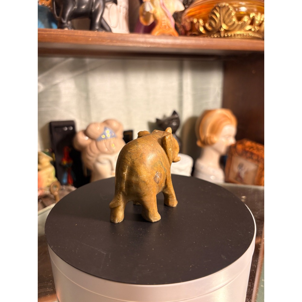 Vintage Hand Carved Stone Elephant Figurine Brown Marble Lucky Trunk Up Decor - Picture 2 of 7